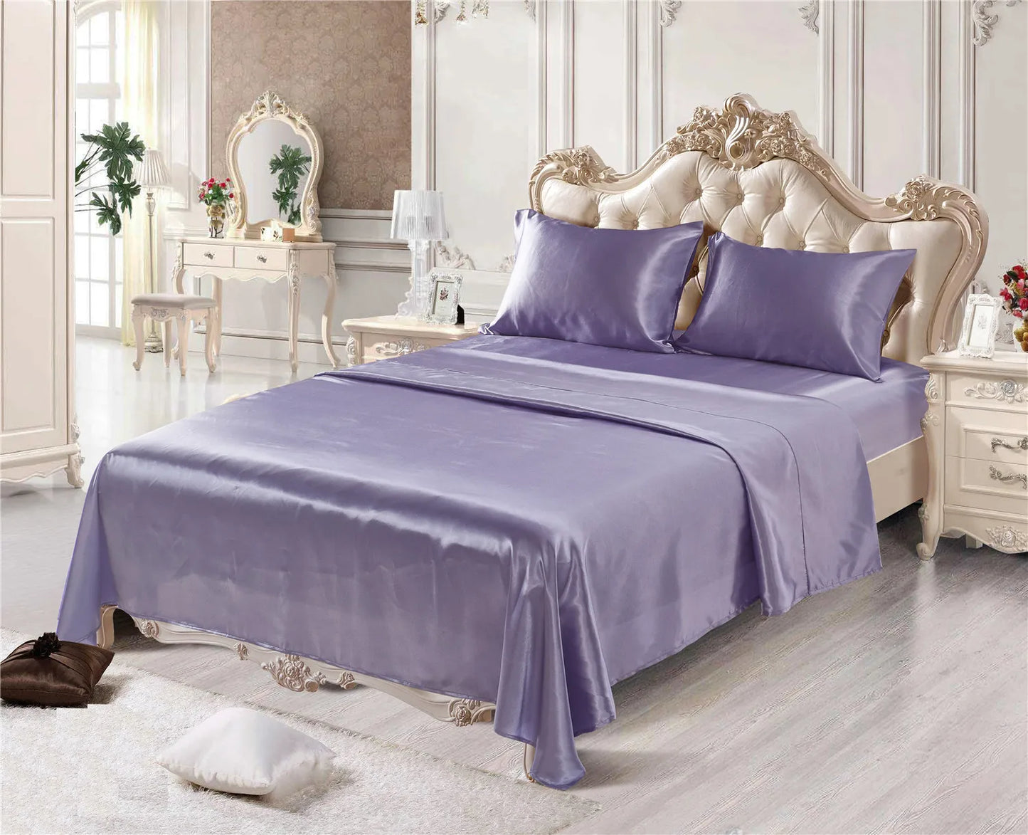 Home Living Luxury Smooth 3pcs Bedding Sets Solid Satin Pillow Case Flat Seet Fitted Sheet King Size Bedding Sets For Bedroom