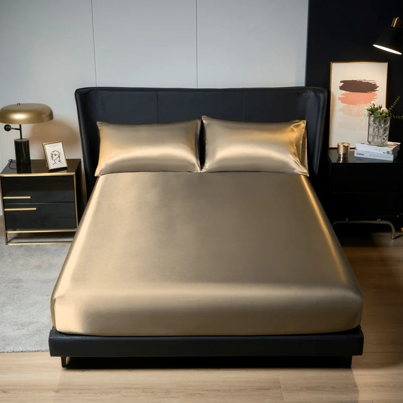 Kuup 100%Polyester 3pcs satin surface Bedding Fitted Sheet and pillowcases Set Elastic Band Around Mattress Cover King Bed Cover