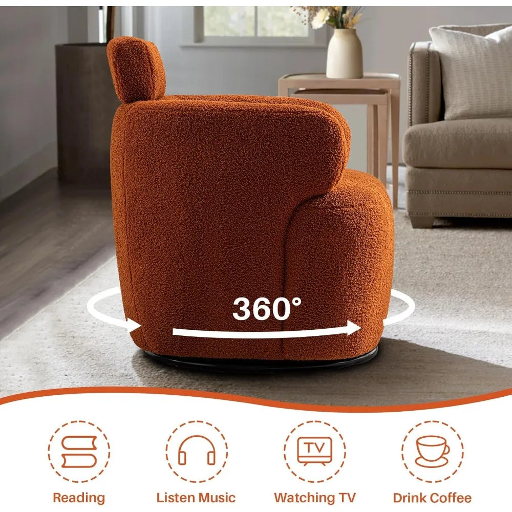 Small Swivel Accent Chair, 360°Barrel Boucle Round Modern Armchair,Tufted Upholstered Single Sofa Chair with Adjustable Headrest