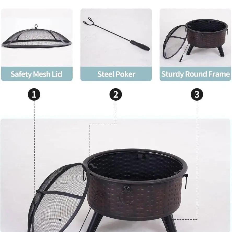 26 Inch Fire Pits for Outside Wood Burning Firepit with Fire Pit Poker and Cover for Backyard,Garden,Camping
