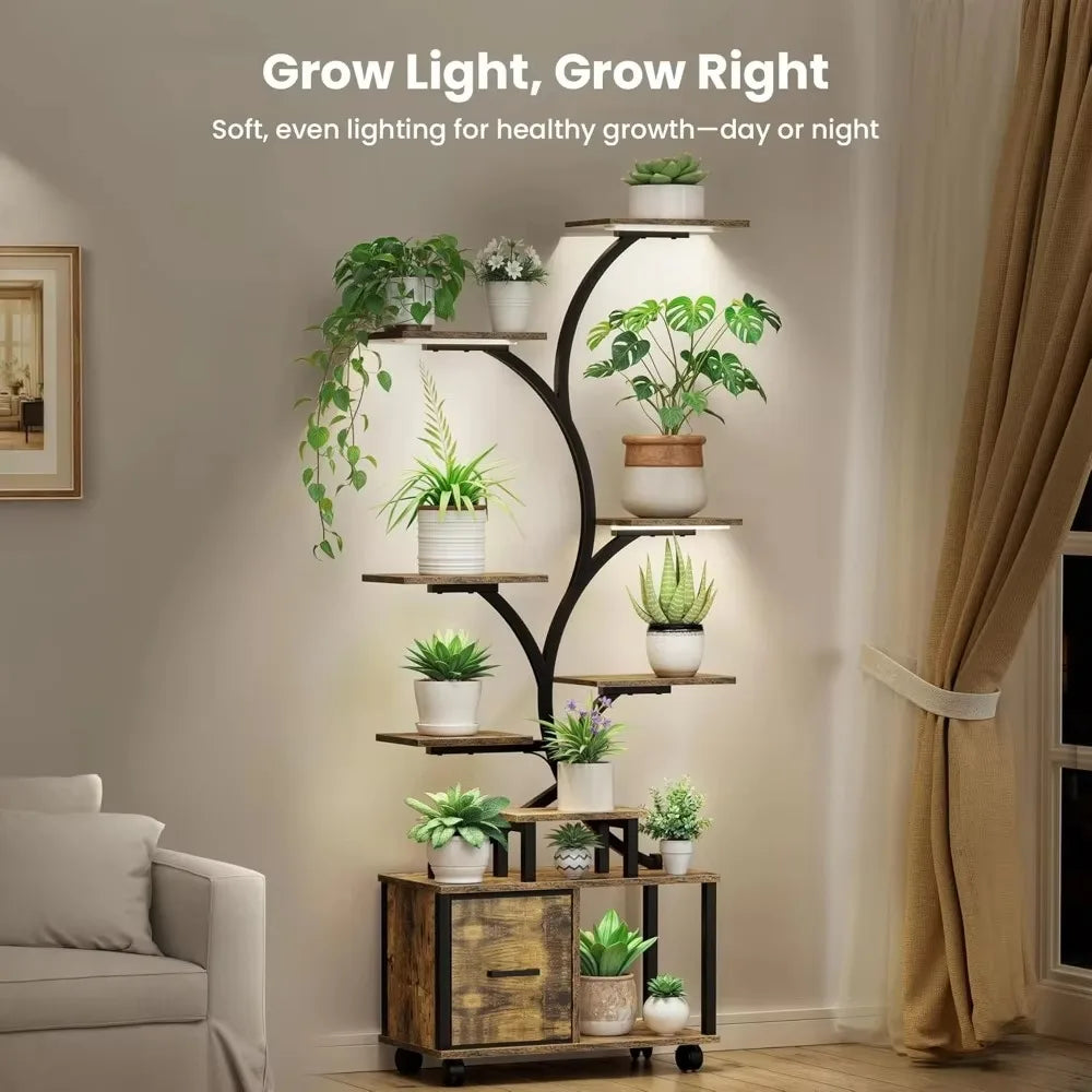 65" Indoor Plant Stand with Grow Lights, Tiered Metal Plant Shelf with Wheels and Drawer, Plant Storage Rack for Home Decor