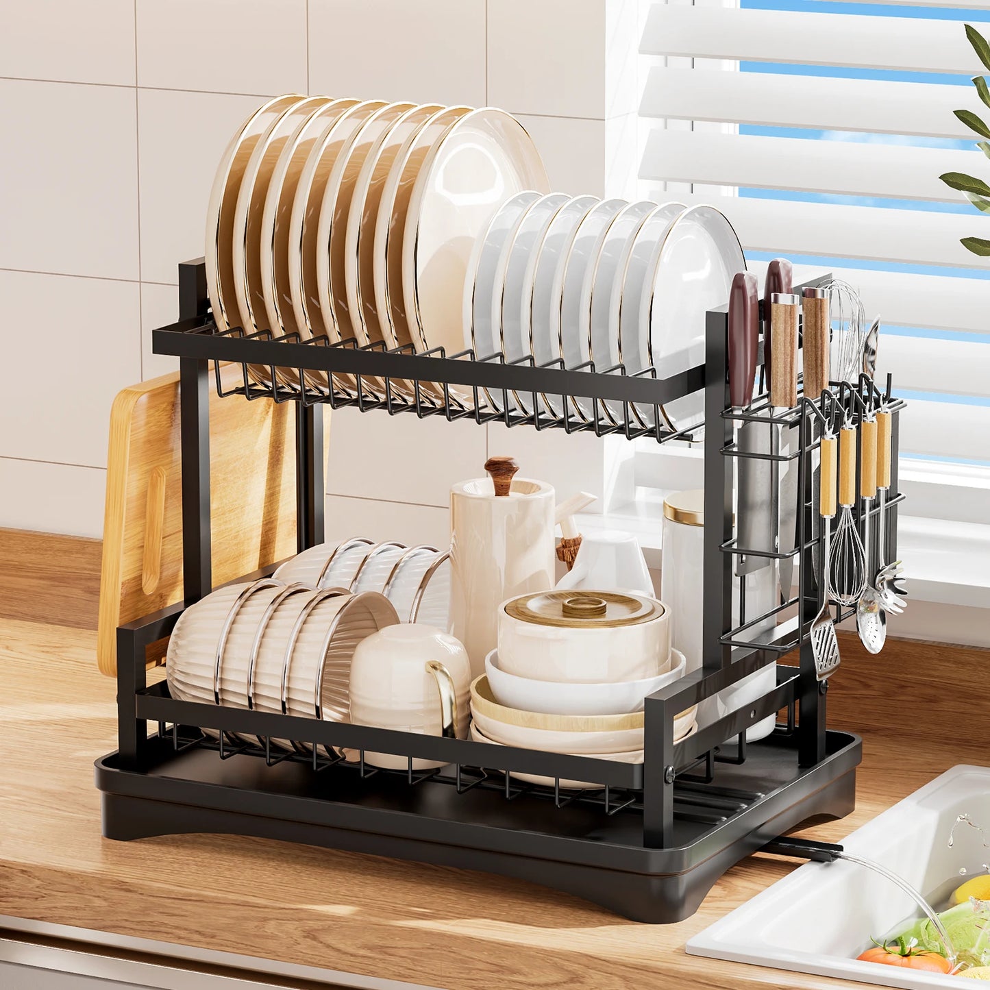 Dish Drying Rack,Kitchen organizers and storage,2-Tier Kitchen Organizers and Storage for Dishes, Bowls, Cutlery, Black