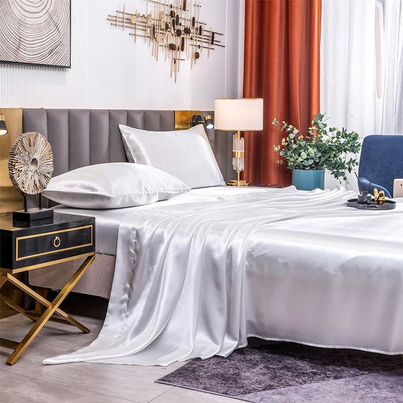 Home Living Luxury Smooth 3pcs Bedding Sets Solid Satin Pillow Case Flat Seet Fitted Sheet King Size Bedding Sets For Bedroom