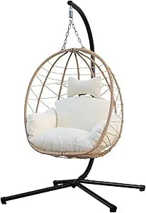 Egg Chair with Stand, Uv-Proof Pe Wicker Hanging Chair for Outdoor Patio, Cushioned Hammock Swing for Bedroom Garden Indoor/Outd