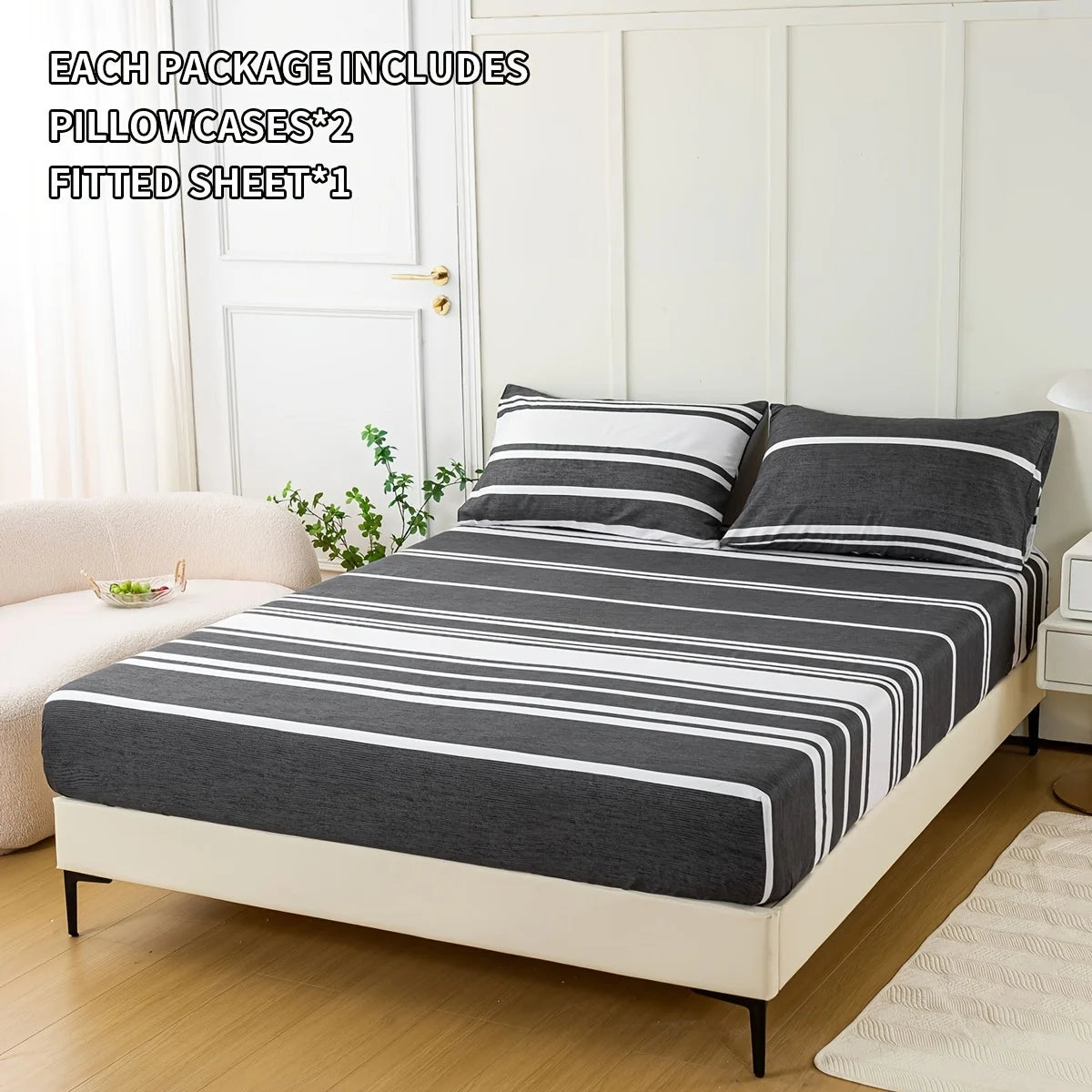 3-Piece Striped Fitted Sheet Set – Luxuriously Soft & Breathable – Includes 1 Fitted Sheet and 2 Pillowcases for Cozy Sleep – Pe
