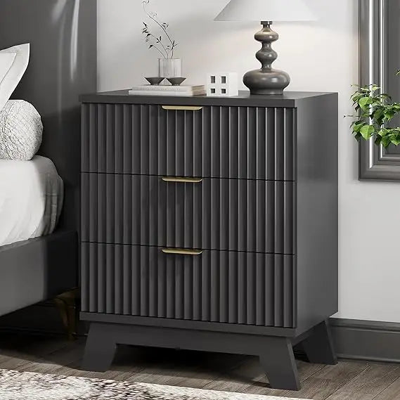 Fluted Nightstand, 24" Wide Side Table with 3 Large Storage Drawers, Mid Century Modern Wood Night Stand with Metal Handle, Wood