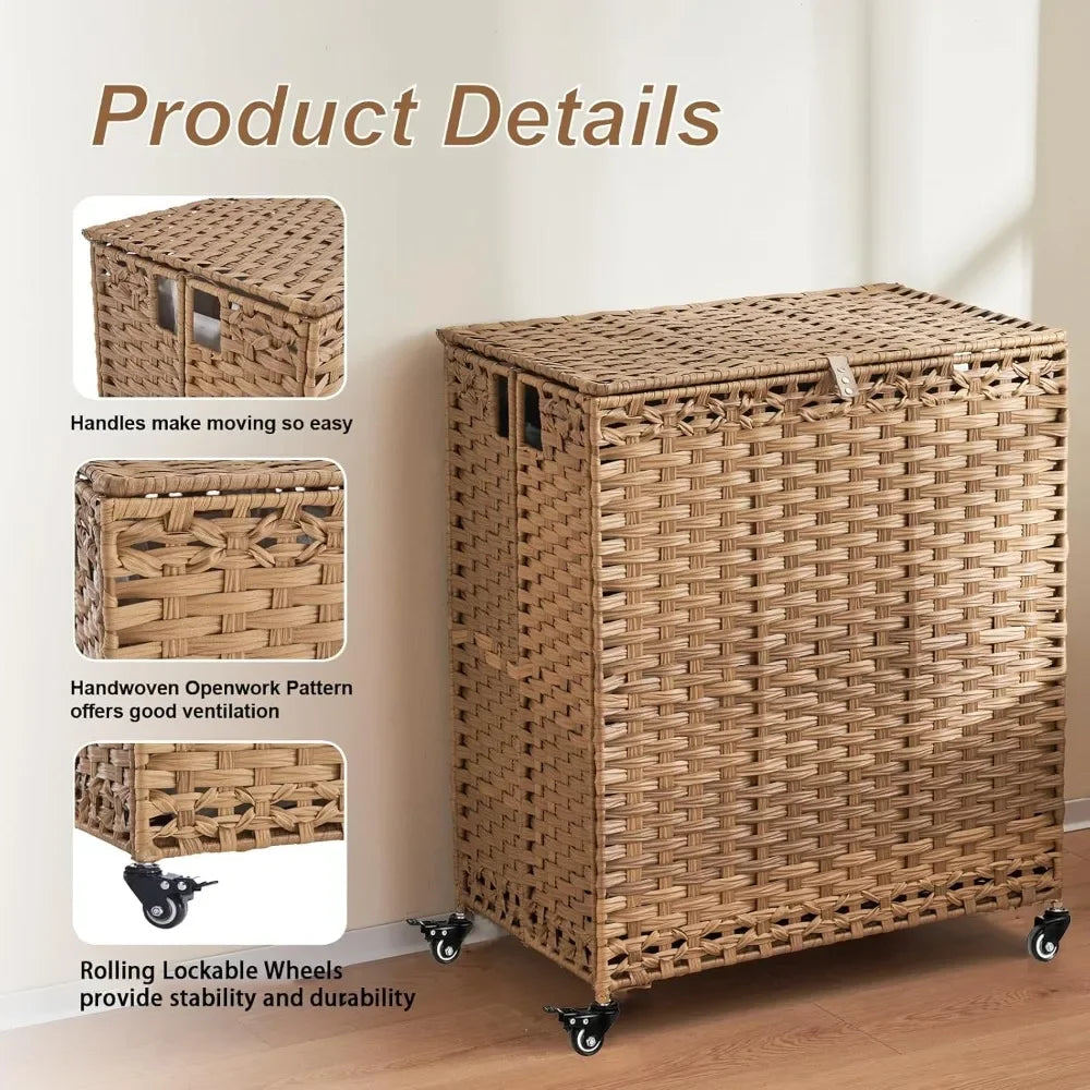 Laundry Hamper with Wheels&Lid, 50.2 Gallons(190L) Rolling Laundry Basket with Wheels, 3-Section Laundry Hamper