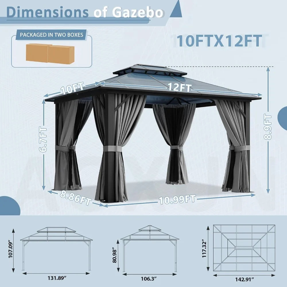 10'x12' Hardtop Gazebo, Aluminum-Framed Durable Pavilion with Curtains & Netting, Boasting A Dual-Layer Polycarbonate Roof