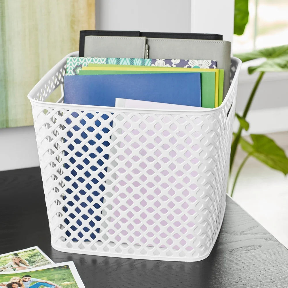 Decorative Storage Basket 13 Inch Square Plastic Mesh Design with Cut-Out Handles Easy Transport Ideal Organizing Toys Tools