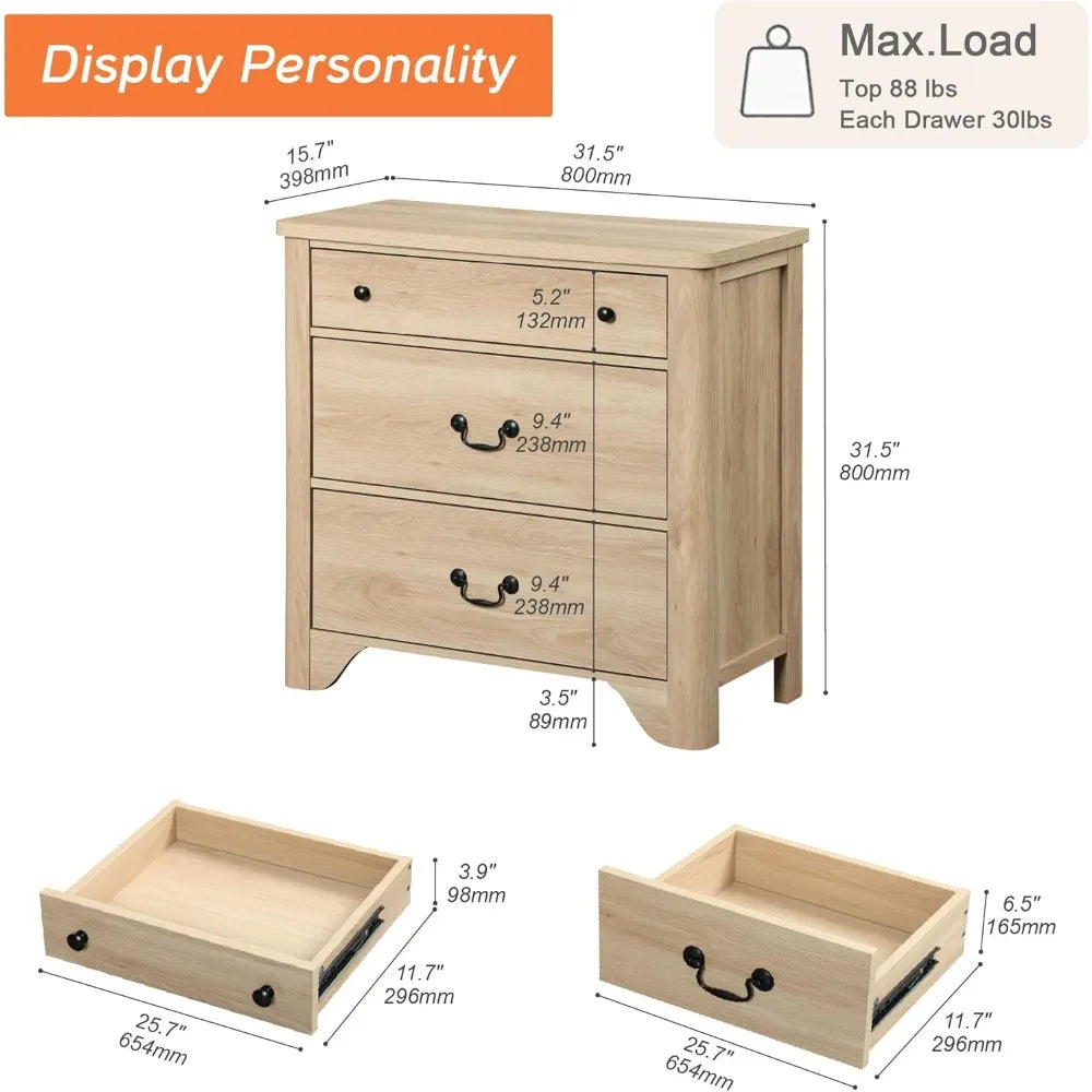 3 Drawer Dresser, 31.5 Inch Wood Nightstand with Storage, Modern Oak Dresser Wood Chest of Drawers with Curved Profile
