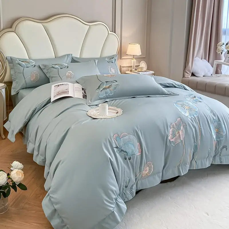 Chic Embroidery Blooming Beige Duvet Cover set 100%Cotton Soft Comfy Beddng set Bed Sheet Pillowcases Double Queen King 4Pcs