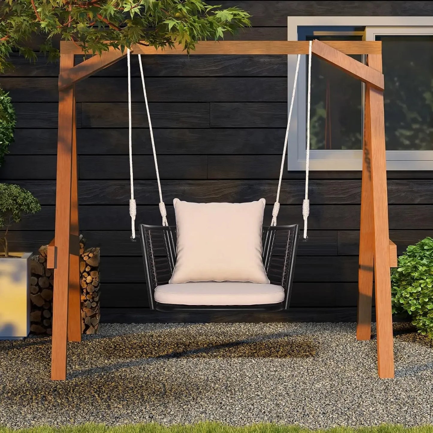 Outdoor Metal Porch Swing, Single Person Hanging Seat w/Woven Rattan Backrest, 2 Sturdy Hanging Ropes,