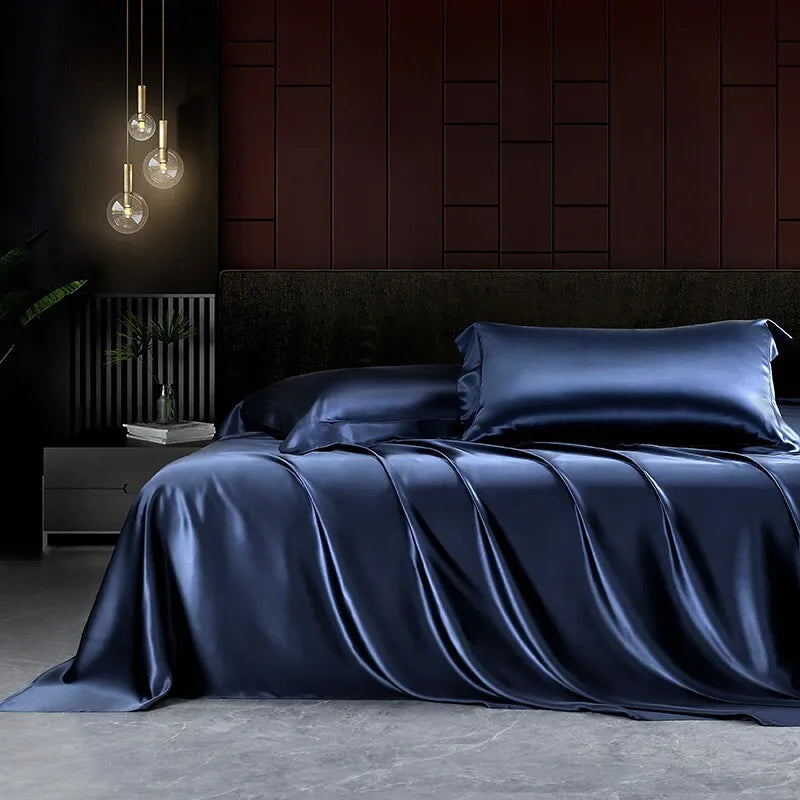 Solid 4pcs Silk Bedding Set with Duvet Cover Fitted/Flat Bed Sheet Pillowcase Bedspreads and Coverlets Single Double Bedsheet