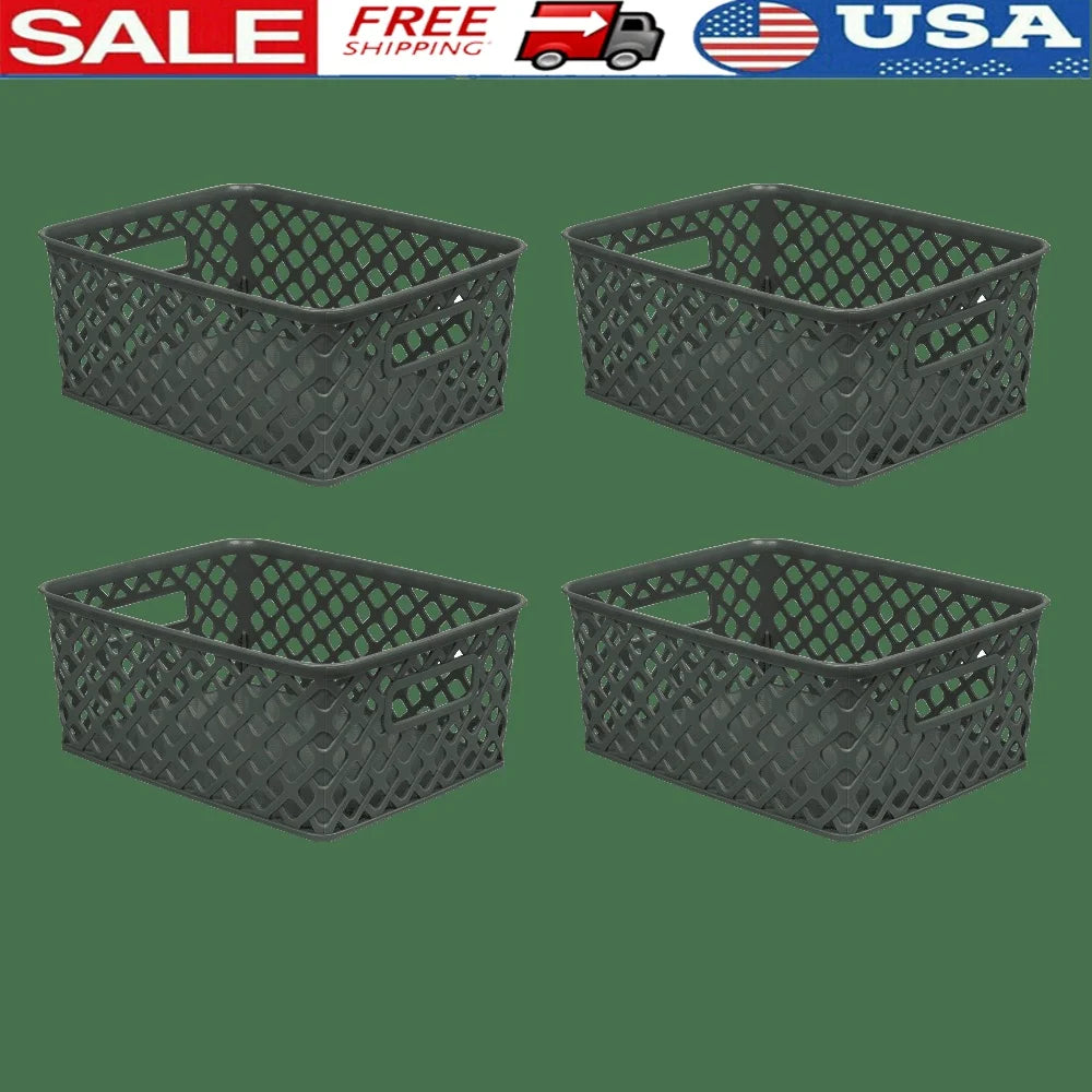 Set of 4 Small Decorative Plastic Storage Baskets with Cut-Out Handles Organizing Toys Tools Pantry Garage and More