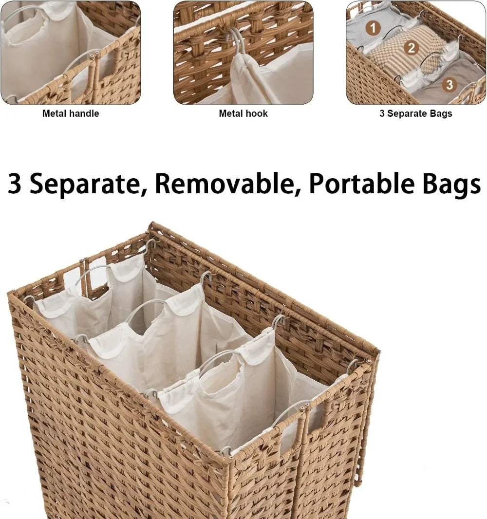 Laundry Hamper with Wheels&Lid, 50.2 Gallons(190L) Rolling Laundry Basket with Wheels, 3-Section Laundry Hamper