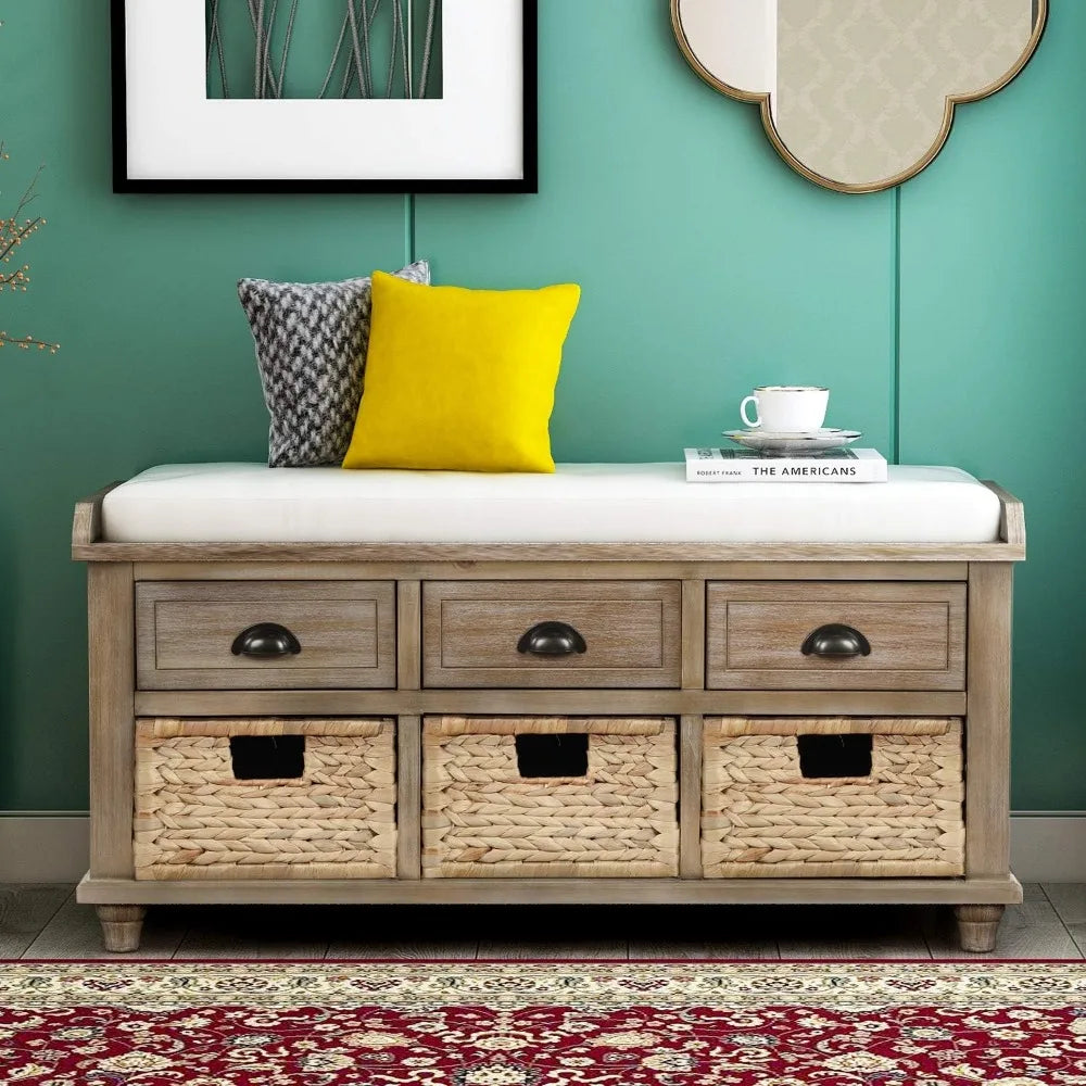 SOFTSEA Wood Storage Bench with 3 Drawers, 3 Rattan Baskets, Rattan Entryway Bench with Removable Cushion Home Organizer Bench(W
