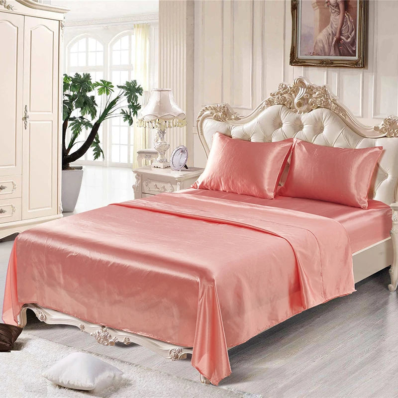 Home Living Luxury Smooth 3pcs Bedding Sets Solid Satin Pillow Case Flat Seet Fitted Sheet King Size Bedding Sets For Bedroom