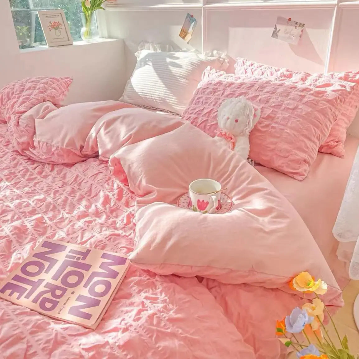 Princess Bedding Set French Style Wash Cotton Solid Color Seersucker Summer Soft 2024New Bed Sheet Set Comforter Set