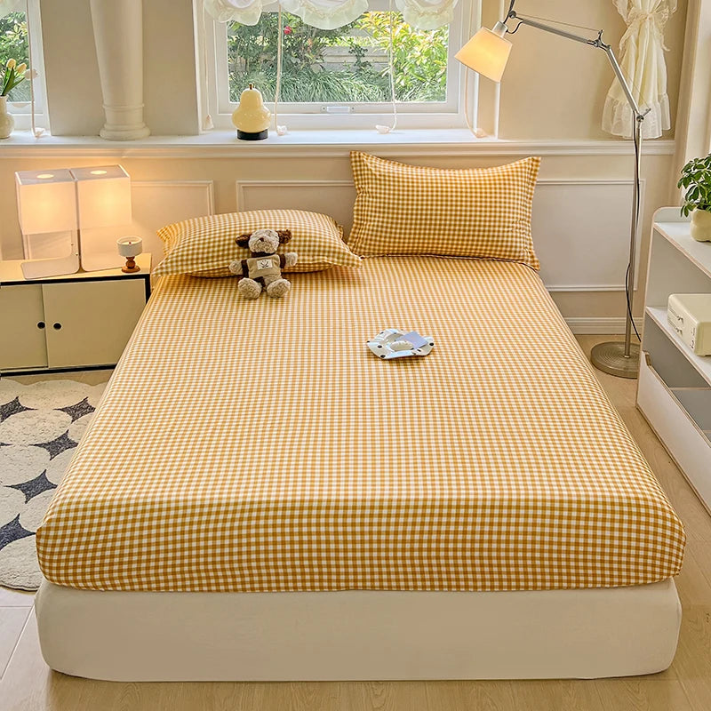 Plaid Style Fitted Sheet Skin-friendly Bed Cover Elastic Bedsheet for Girls Boys Room Couvre Lit Home Bed Linen(No Pillowcase)