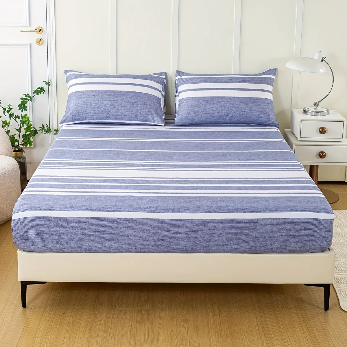 3-Piece Striped Fitted Sheet Set – Luxuriously Soft & Breathable – Includes 1 Fitted Sheet and 2 Pillowcases for Cozy Sleep – Pe