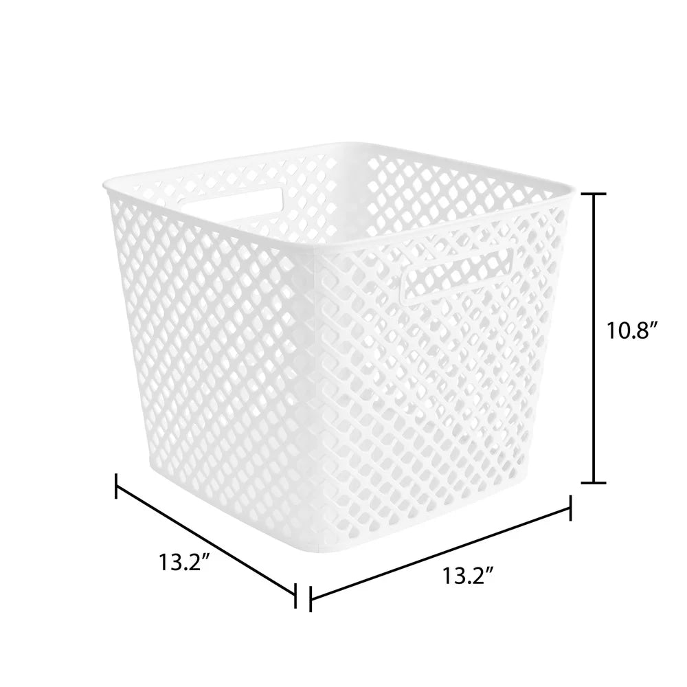 Decorative Storage Basket 13 Inch Square Plastic Mesh Design with Cut-Out Handles Easy Transport Ideal Organizing Toys Tools