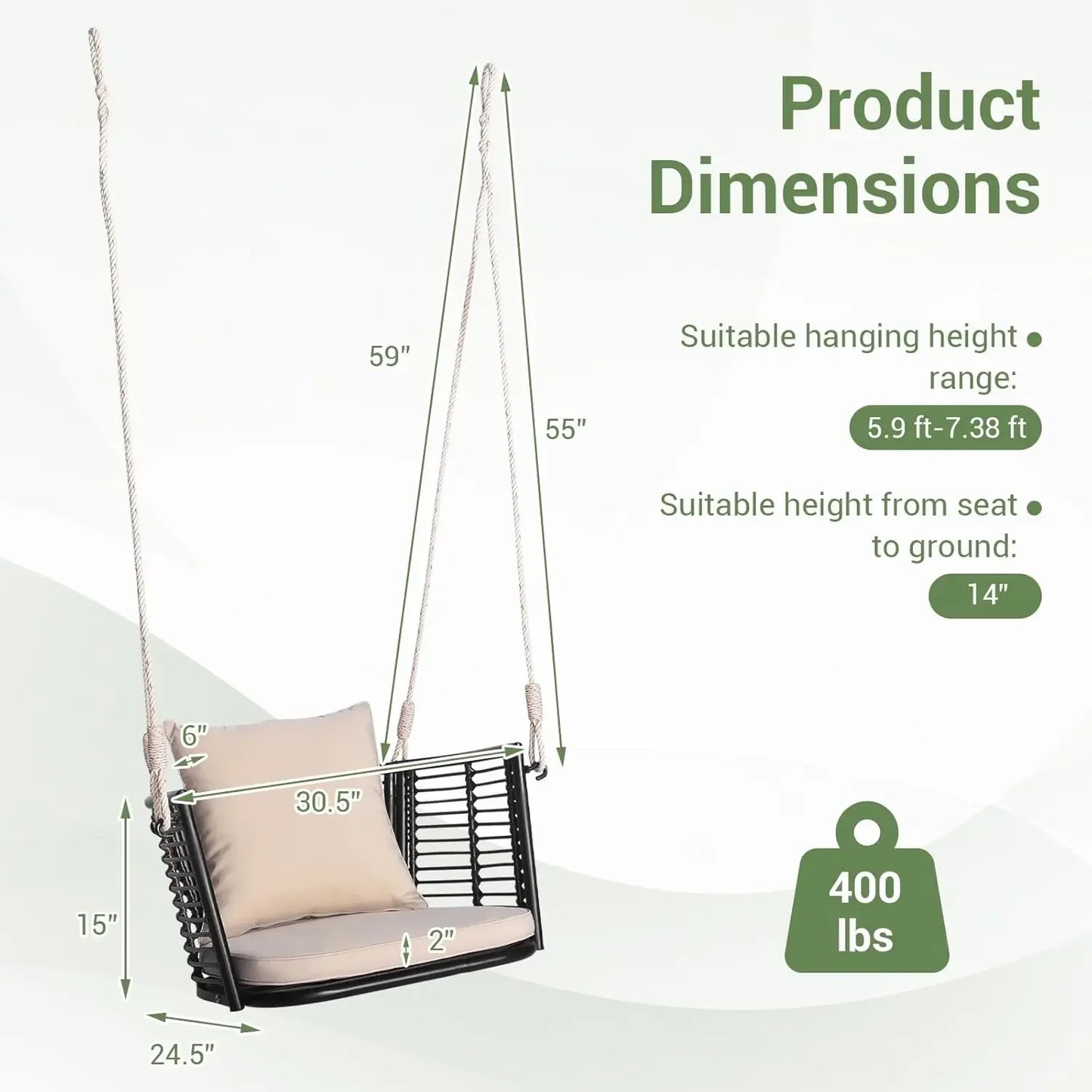 Outdoor Metal Porch Swing, Single Person Hanging Seat w/Woven Rattan Backrest, 2 Sturdy Hanging Ropes,