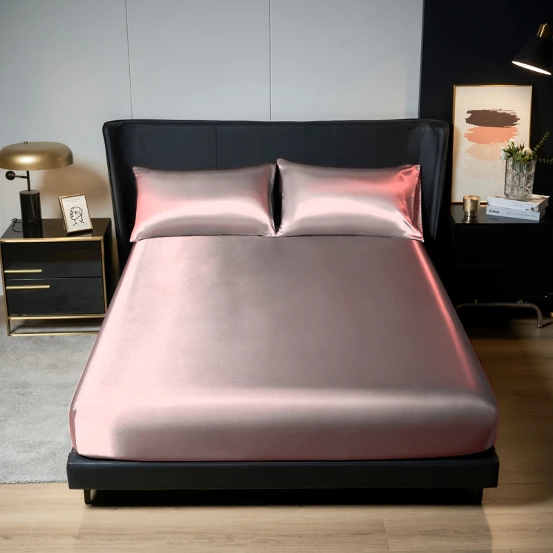 Kuup 100%Polyester 3pcs satin surface Bedding Fitted Sheet and pillowcases Set Elastic Band Around Mattress Cover King Bed Cover
