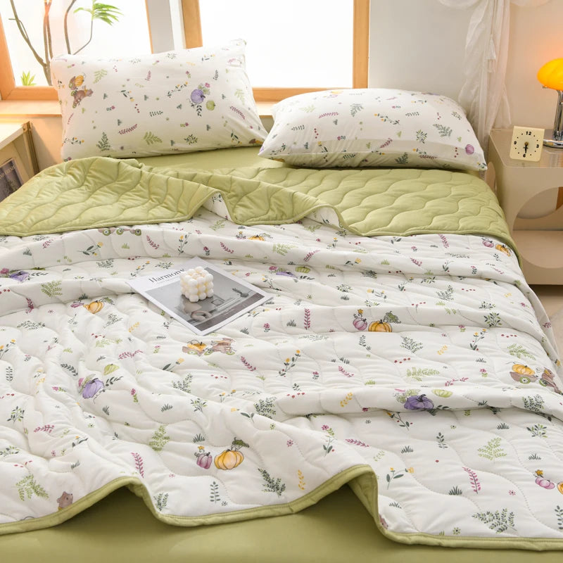 New Floral Spring Summer Quilt and Pillowcase Soft Skin-friendly Single Double Blanket Knitted Breathable Thin Comforter Duvet