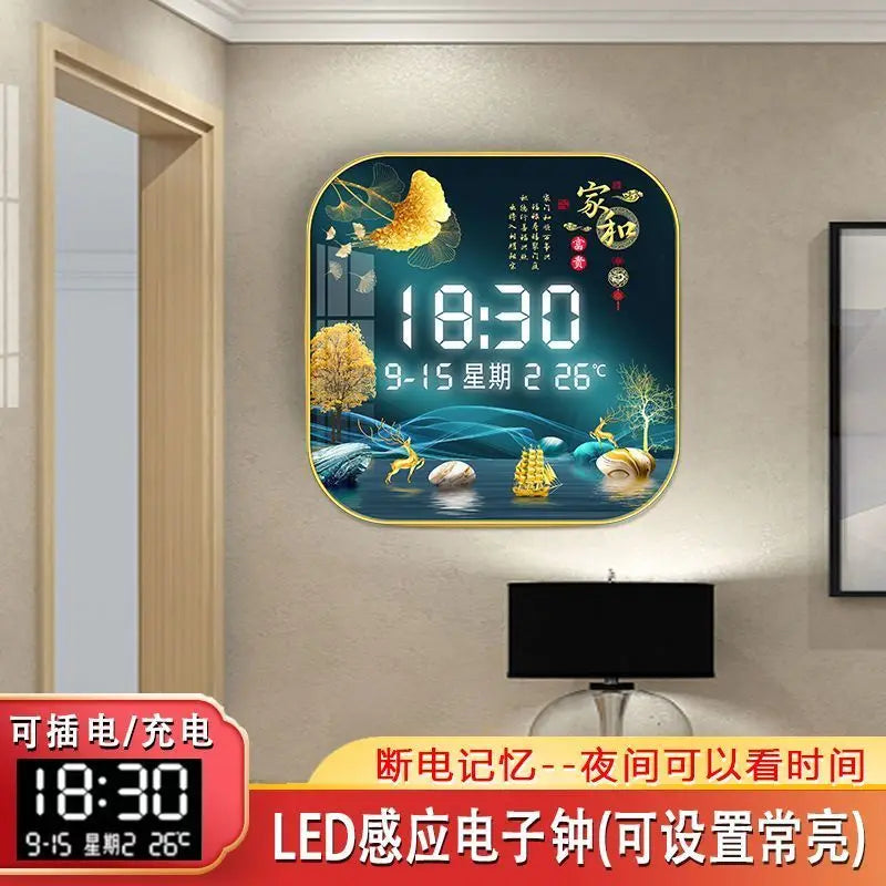 Wall Clock Digital Display Silent Temperature Clock Square Living Room Home Bedroom Dining Room Wall Painting
