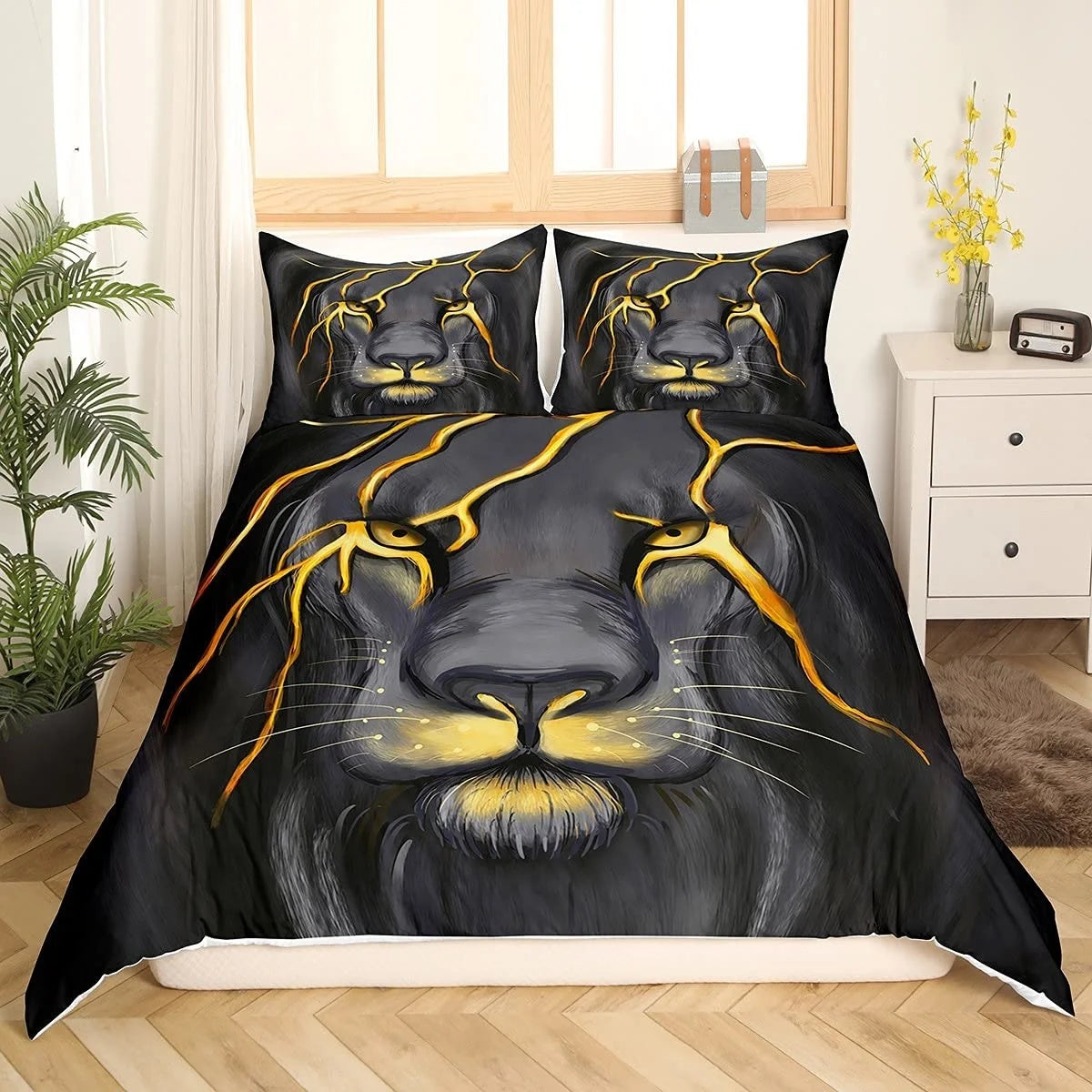 Black Lion Duvet Cover Animal Bed Sheet Pillow Three-Piece Bedding Set Single Double King Queen