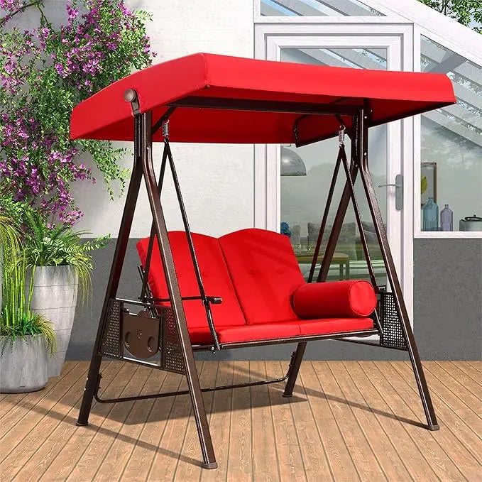 2 outdoor terrace porch swings, weather resistant steel frame, adjustable tilt canopy, including cushions and pillow swings