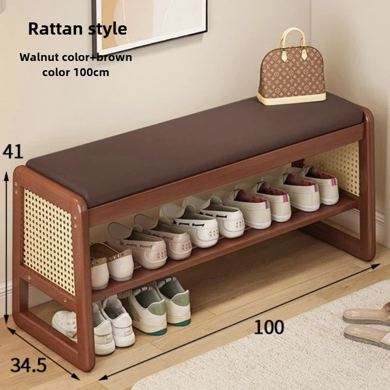 Teng woven shoe changing stool, entrance door, home door, multi-layer storage, solid wood, can sit on shoe stool