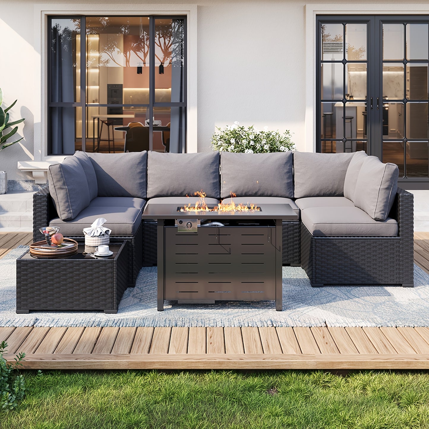 Oneinmil 3 & 8pcs Outdoor Sectional Patio Furniture Set with Fire Pit Table | L-Shaped Wicker Rattan Conversation Set | 4" Thick Waterproof Cushions for All-Weather Seating - Patio Furniture Outdoor for Deck, Garden, Poolside