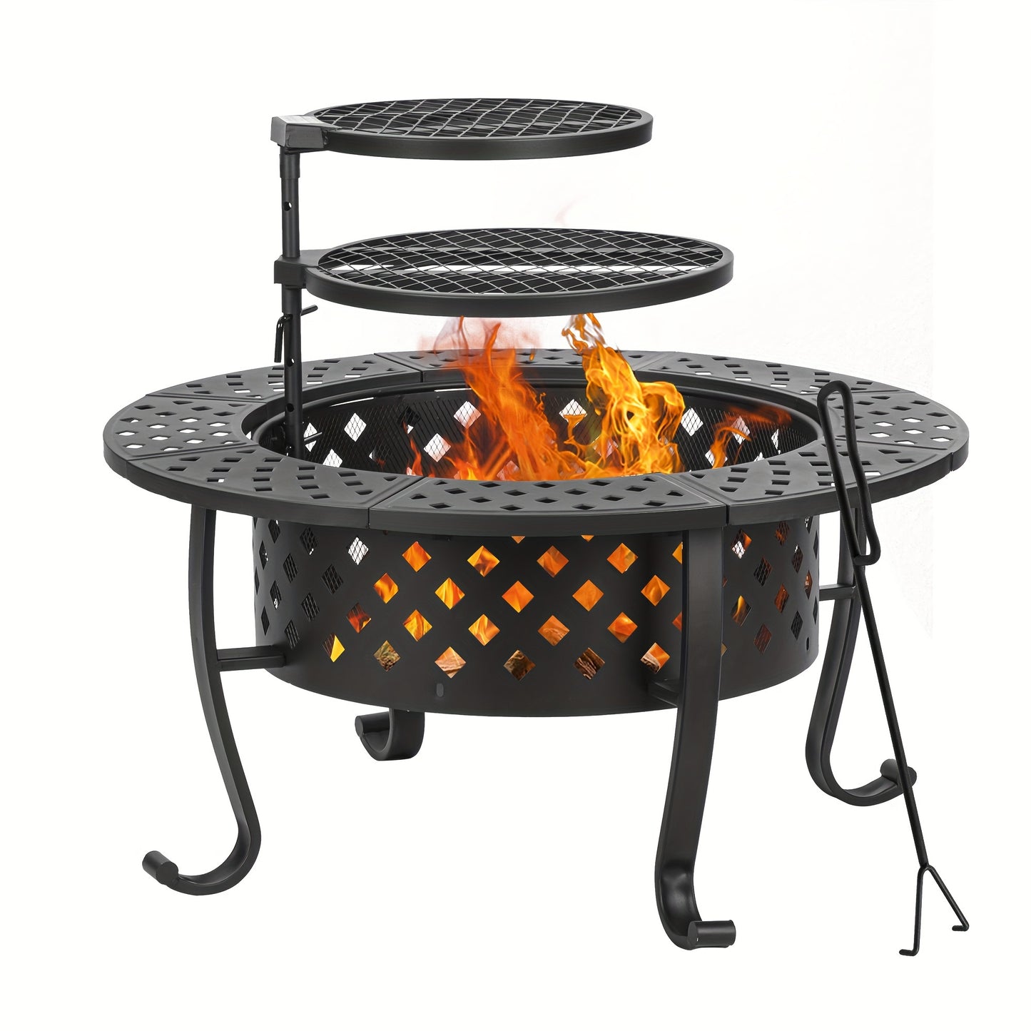 1pc, Fire Pit, 36''Fire Pit, 3-in-1 Fire Pit With Two Grills, Metal Lid, Poker, Outdoor Wood Burning Fire Pit & BBQ With Round Metal Table For Patio, Picnic, And Party