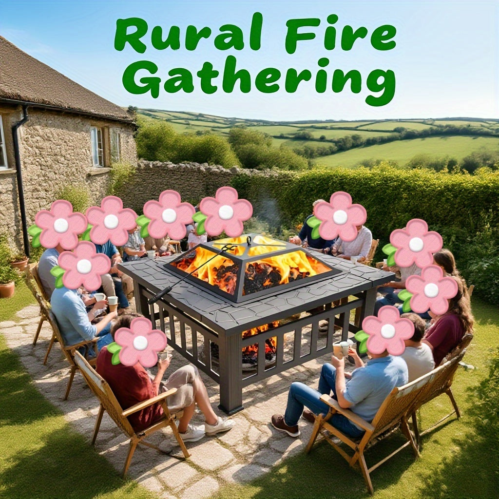 with Safety Net Cover! Imitation Stone Texture Elegant Black Charcoal Wood-burning Fire Pot with Fire Poker + Drainage Hole for Patio Barbecue And Heating. Enjoy Barbecue Parties In Spring, Summer, Autumn And Winter