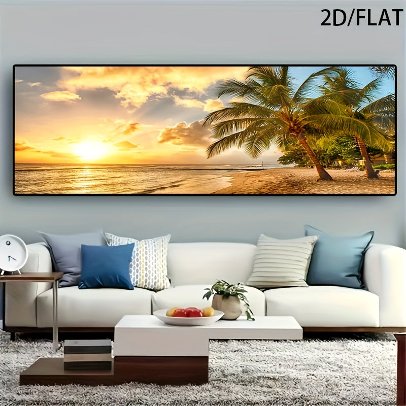 2D Flat, 1pc Modern Tropical Beach Sunset Canvas Wall Art - Large Palm Tree & Ocean View Poster, Frameless Indoor Living Room Decor, Vibrant Palm Tree Decor, 2D Flat
