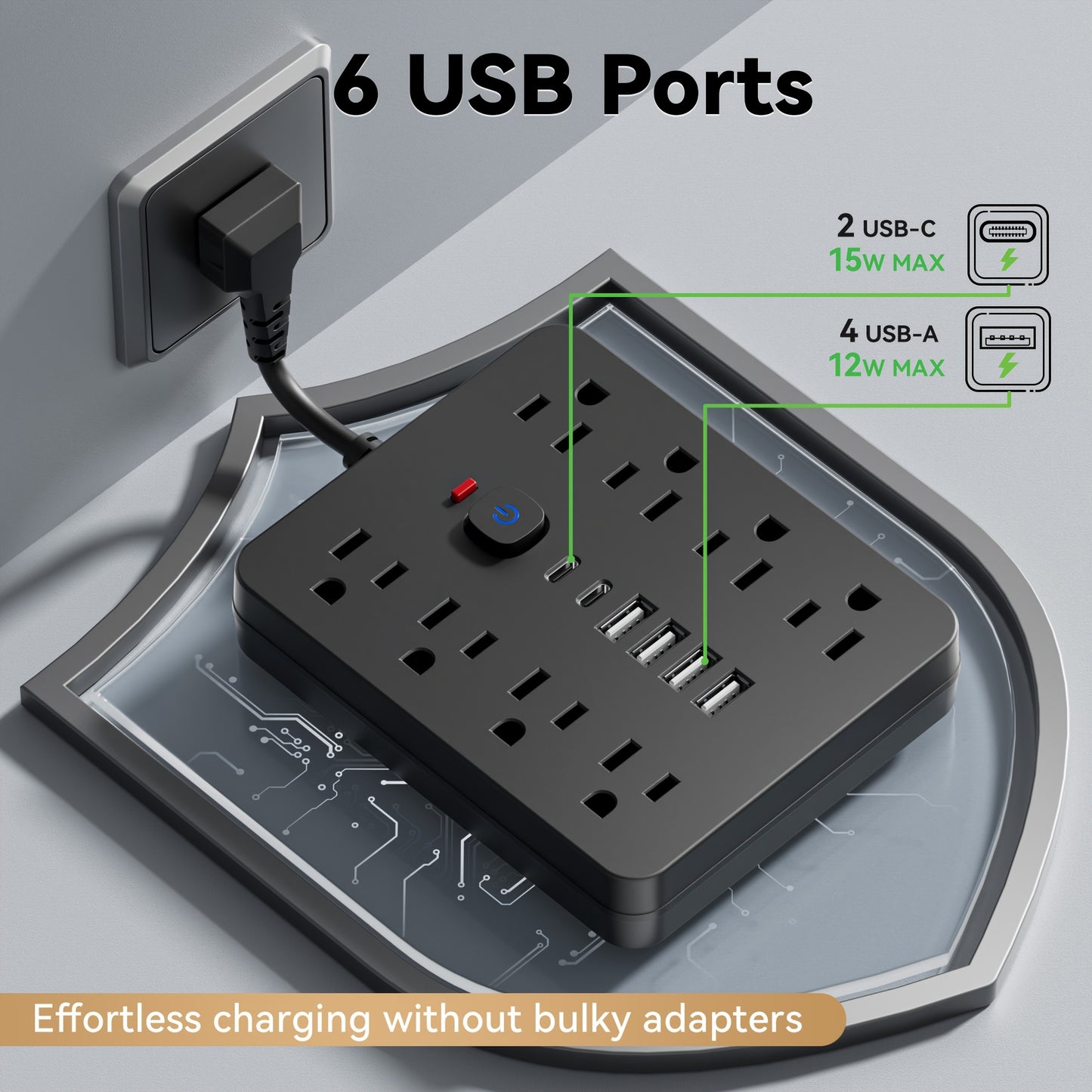 1pc Rectangle USB Charging Station, 8 Outlets with 6 USB (2 USB C) Charging Ports, Multi Plug Outlet Extender, Flexible short charging cable, Flat Plug, Wall Mount, with Surge Protection, On and off switch, 110V/220V Power Su