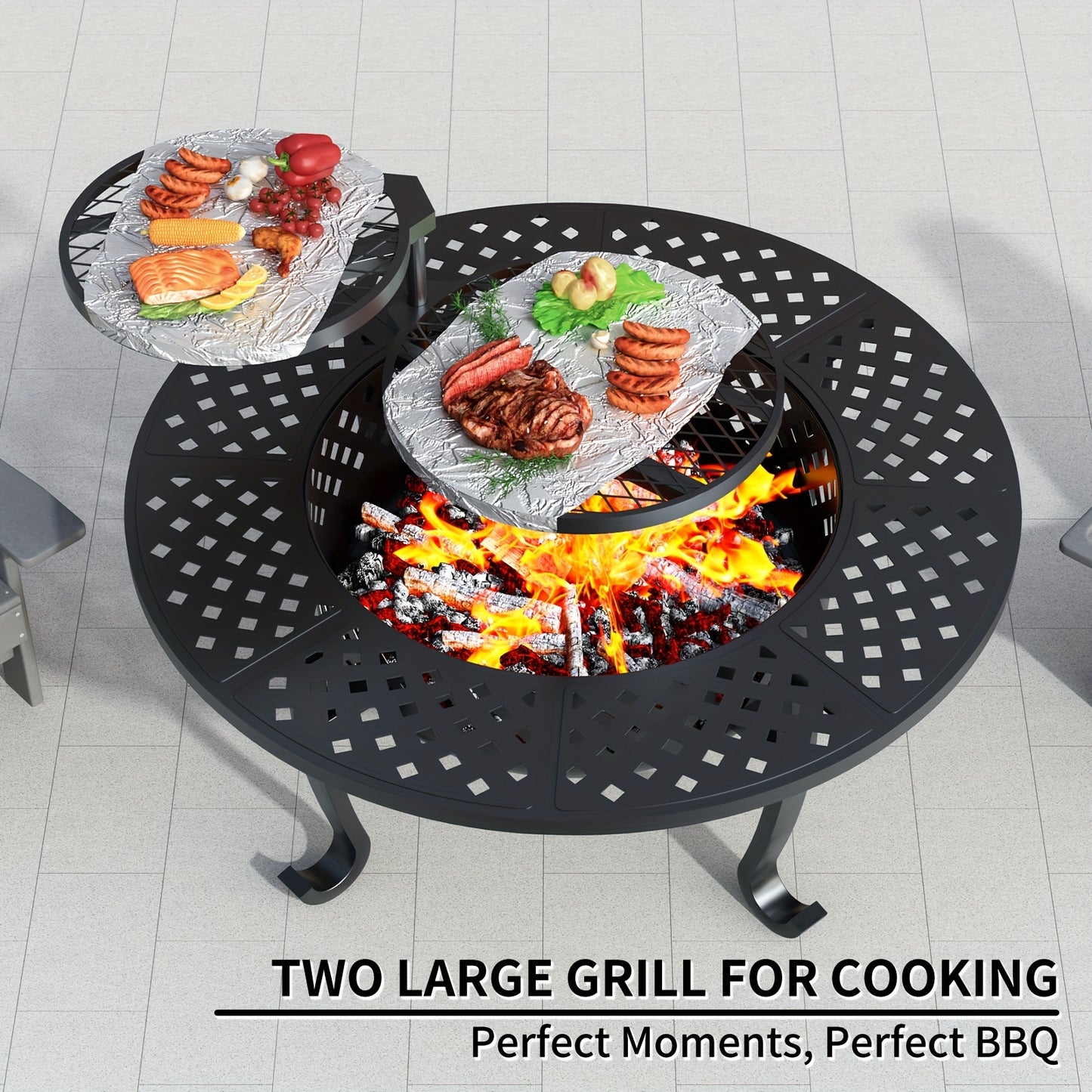 43" Outdoor Fire Pit With 2 Grill, Wood Burning Firepit For Outside With Lid & Fire Poker