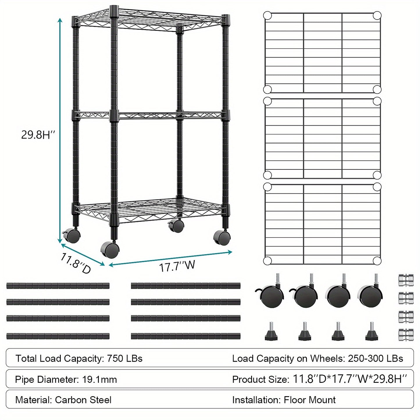 Adjustable Height Heavy-Duty Steel Wire Shelving Unit with 4-Wheel Mobility & Leveling Feet - 3-Tier Metal Storage Shelves with Chrome Finish, Space-Saving Freestanding Organizer for Kitchen, Bathroom, Garage, Laundry Room -