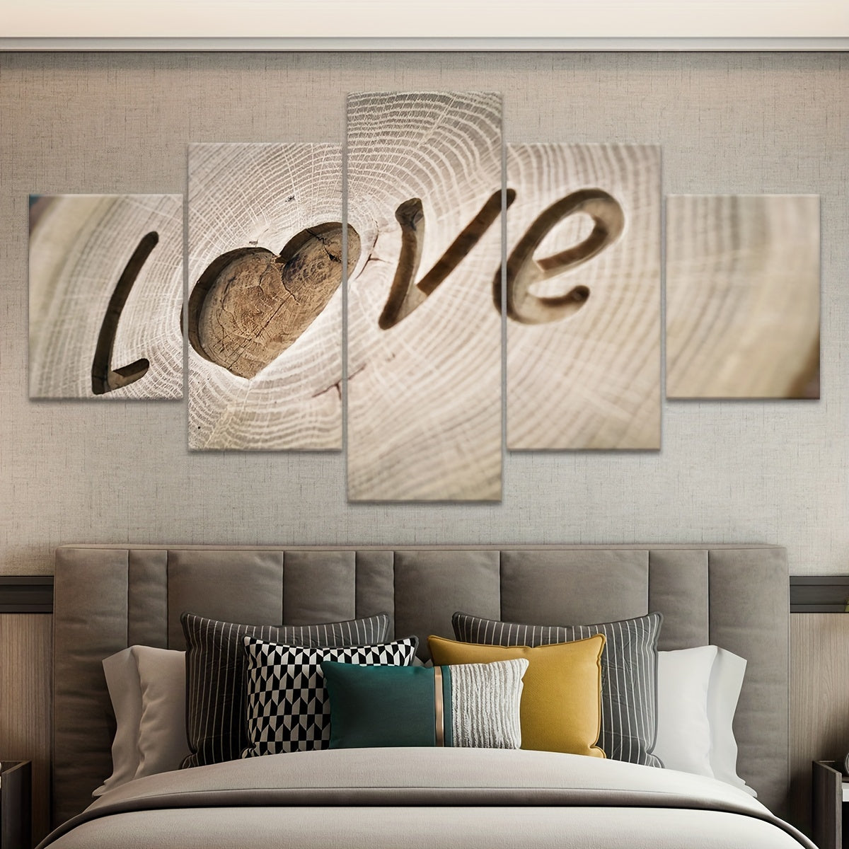 5pcs Love Tree Ring Canvas Art Set - Modern Wood Engraved Wall Decor, Waterproof & Odorless, Ideal for Bedroom, Living Room, Kitchen, Dorm - Perfect Gift for Family & Friends, Living Room Art|Modern Wall Art|Waterproof Print,