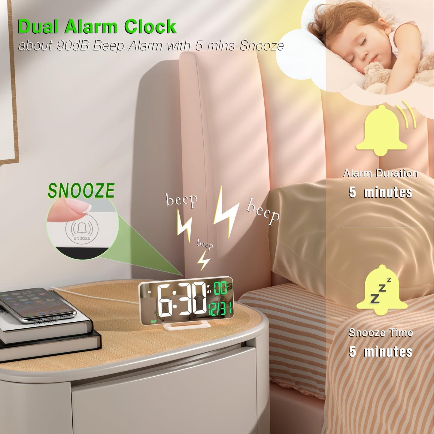 1pc Alarm Clock For Bedroom, 6. 7" Desk Digital Clock, Led Clock, Mirror Clock, Dual Alarm Clock For Living Room With Seconds, Date, Week, 12/24h, Dimming