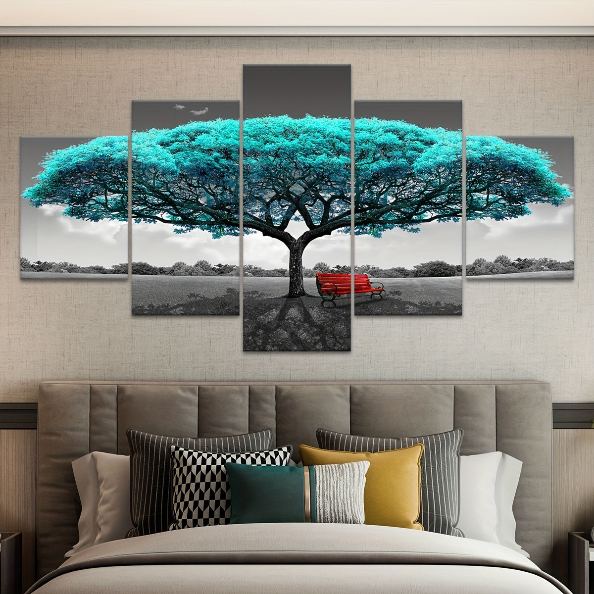 5pcs Frame Green Happiness Tree Canvas Poster, Five Panel Scene Art, Modular Picture, Print Painting, Modern Art, Ideal Decor for Bedroom Living Room Kitchen Dorm, Wall Decoration, Gift for Family Friends, Murals, Waterproof,