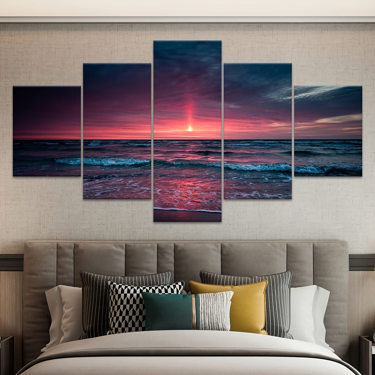 5pcs Frame Nature Seaside Lakes Canvas Poster, Sunrise Sunset Sea View Five Panel Scene Art, Modular Picture, Print Painting, Modern Art, Ideal Decor for Bedroom Living Room Kitchen Dorm, Wall Decoration, Gift for Family Frie