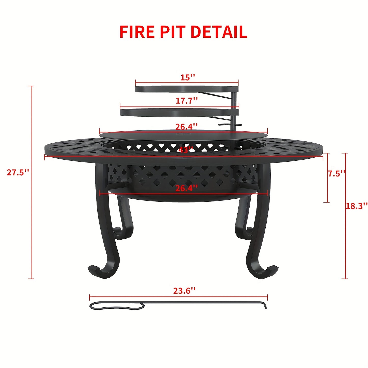 43" Outdoor Fire Pit With 2 Grill, Wood Burning Firepit For Outside With Lid & Fire Poker