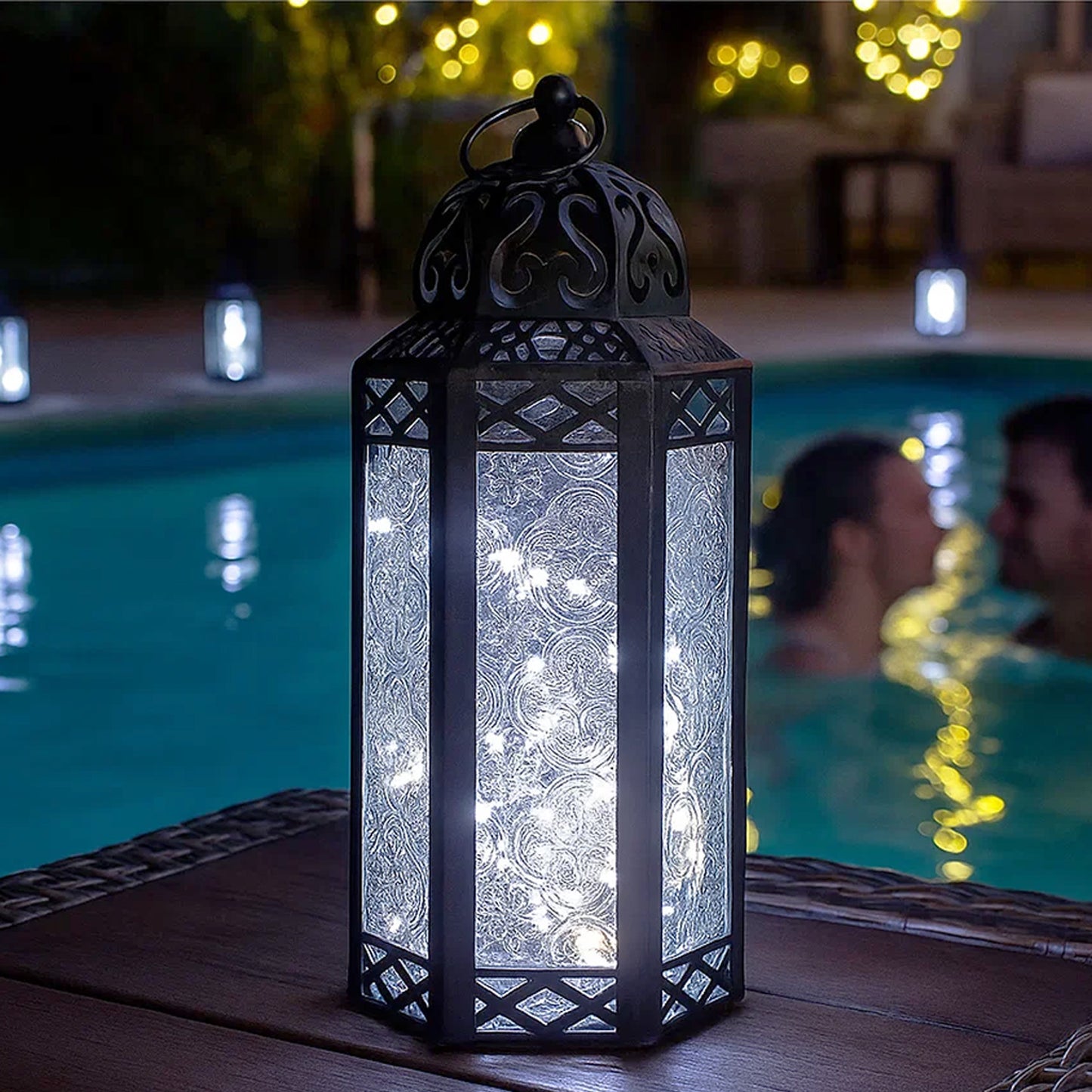 Stunning Ambient Lighting Safe and Stylish Glass Metal Moroccan Candle Lantern Holder Lamp with Battery-Operated LED Lights plus Remote Control – Handcrafted Lantern with Intricate Design and Embossed Glass, Indoor Home Dec