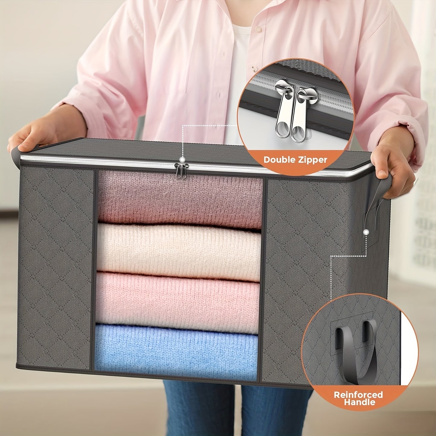 6pcs Extra Large Storage Bags, Durable Folding Clothes Organizer For Bedding, Blankets, Pillows, And Toys, Thick Polypropylene Fabric, With Zipper And Lid, Reinforced Handles, For No Electricity Needed, Other (Accessory Organ