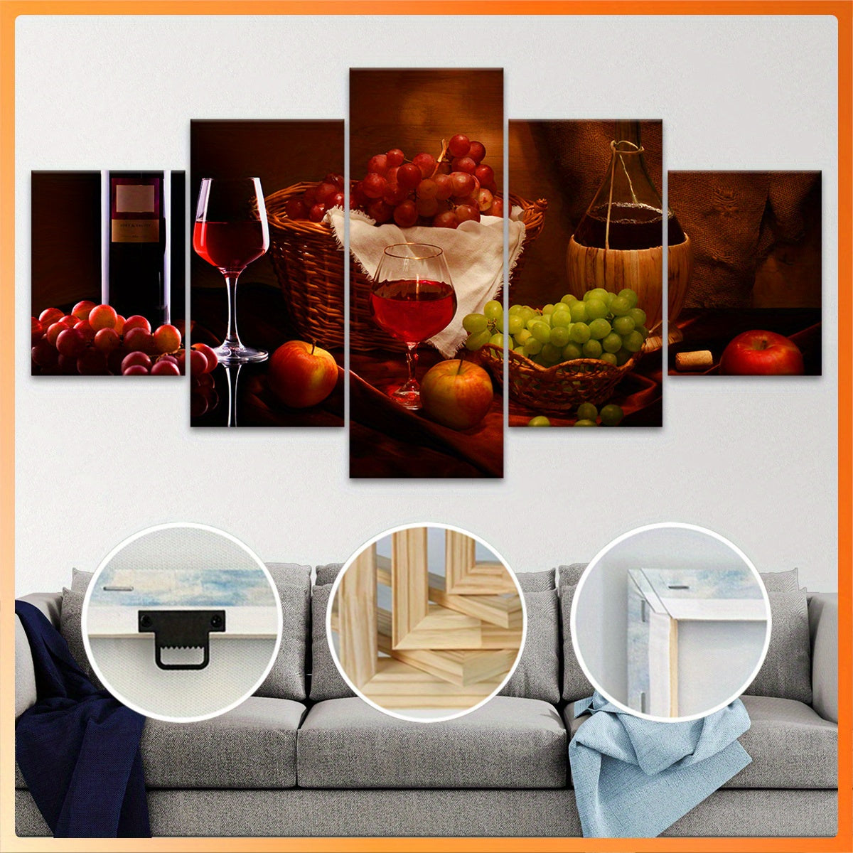 5pcs Exquisite Wooden Framed Wine Painting Canvas, Good Gift for Friend, Pattern Art for Home Decoration, Wall Decor for Living Room, Bedroom, Office, Bar, Restaurant, Waterproof, Odorless Painting, High Quality Waterproof Fr