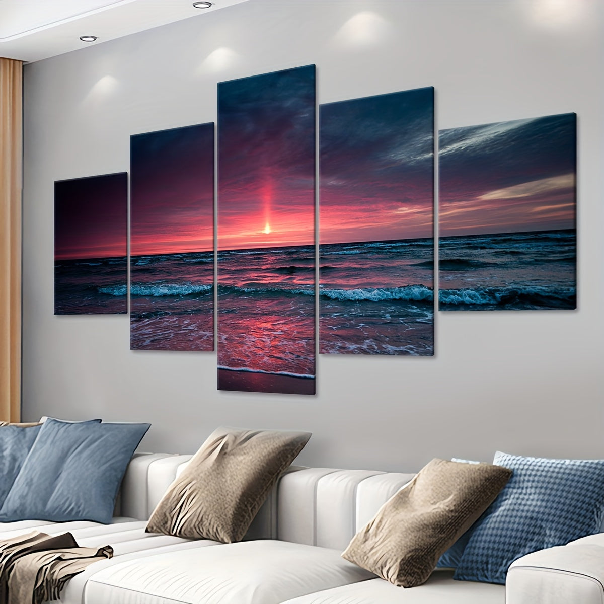 5pcs Frame Nature Seaside Lakes Canvas Poster, Sunrise Sunset Sea View Five Panel Scene Art, Modular Picture, Print Painting, Modern Art, Ideal Decor for Bedroom Living Room Kitchen Dorm, Wall Decoration, Gift for Family Frie