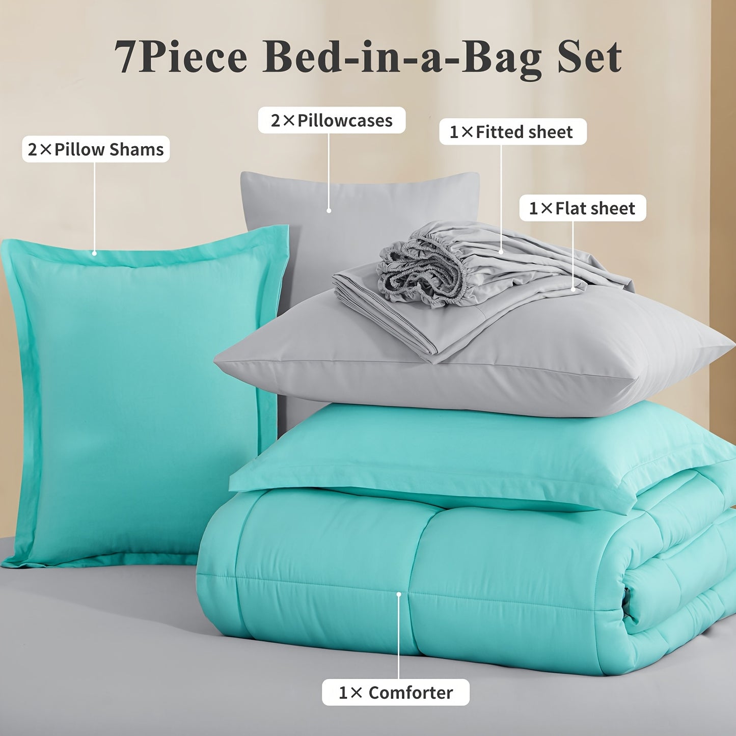 7pcs Ultra-Soft Bed In A Bag, Down Alternative Bedding Sets with All Season Quilted Comforter, Flat Sheet, Fitted Sheet, Pillowcases - Gifts for The Family And Friends, RUIKASI, Machine Washable, Polyester 100, Acrylic 15, Sa