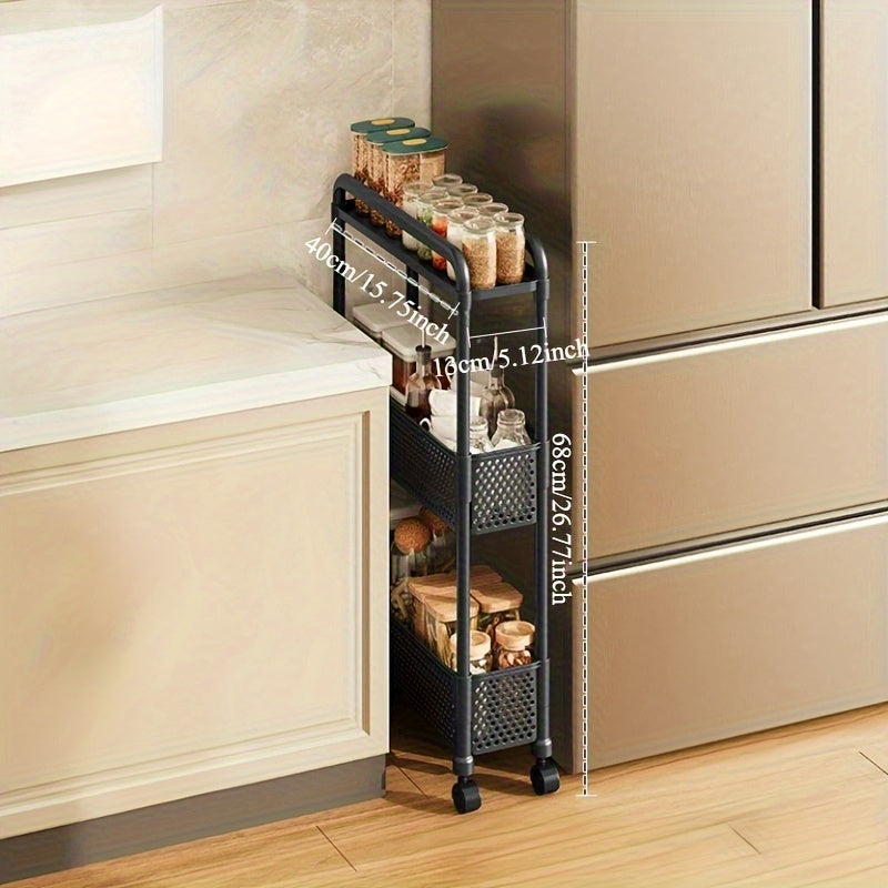 Space-Saving 5.12-Inch Narrow Storage Cabinet - 3-Tier Durable Plastic Freestanding Organizer with Wheels, Black & White Matte Design, Suitable for Bathroom, Kitchen, Living Room - Easy Assembly, Under 30 lbs Capacity, Vertic